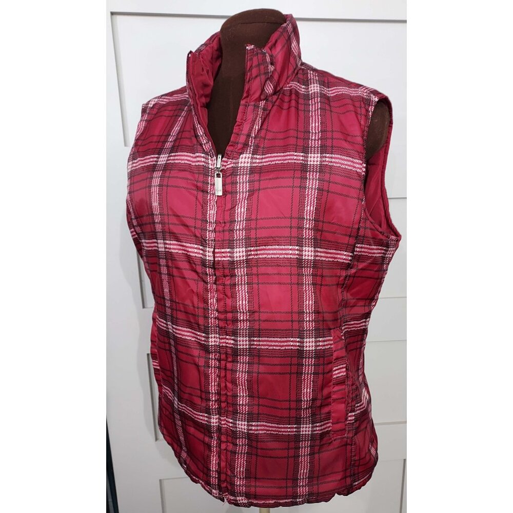 NEARLY NEW IZOD LADIES REVERSIBLE VEST GORGEOUS BURGUNDY PLAID/BURGUNDY SOLID L